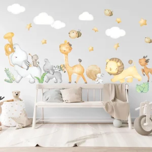 Adesivo da parete Animal Band – Duo di elefanti a percussione, giraffa, leoncino con nuvole e stelle