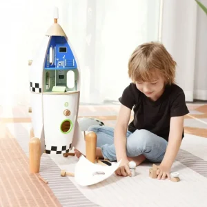 Rocket House in legno per bambini con figure, giocattolo educativo in legno