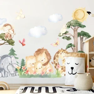 Adesivo da parete Wildlife Mamma e bambino – Elefante, scimmia, leone, famiglia di giraffe