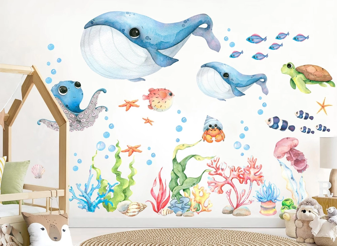 Adesivo da parete Blue Baby Whales and Friends – Playful Undersea Adventures - immagine 4