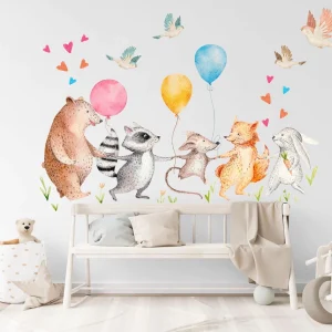 Adesivo da parete per feste con animali della foresta e amici della foresta, motivo: orso, volpe, coniglio, amici del bosco, avventura in mongolfiera