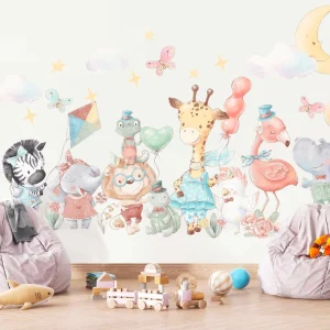 Adesivo da parete per festa con animali, giraffa, elefante, zebra con palloncini, rimovibile con pellicola adesiva