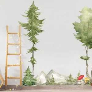 Adesivo murale ad acquerello con paesaggio di montagna ad alto fusto