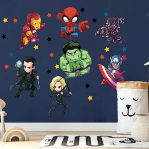 Adesivo da parete con supereroi dei cartoni animati Marvel World Avengers, Thor Hulk Spiderman, Iron Man, Capitan America