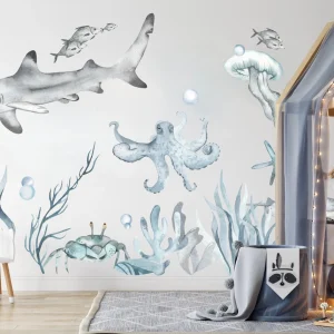 Adesivo da parete blu grigio con mondo subacqueo, motivo: squalo, granchio, polpo e medusa