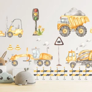Adesivo murale rimovibile per camion, bulldozer, trattori escavatori dietro i blocchi stradali, regalo per la camera dei ragazzi