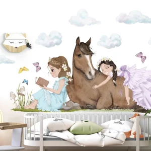 Adesivo da parete con principesse che riposano con cavallo – Decorazione per la camera delle ragazze