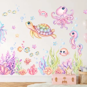 Adesivo da parete a forma di mondo sottomarino rosa e blu, con scritta «Happy Marine Life for Girls’ Room»