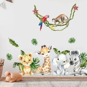 Adesivo da parete con cuccioli africani, giraffa, elefante, leone, zebra, scimmia in foglie di palma