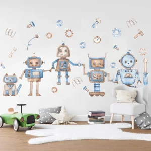 Adesivo da parete rimovibile per ragazzi con robot ad acquerello e automazione meccanica a forma di gatto –