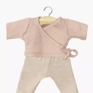 Completo in maglia a coste rosa petalo e leggings in lino