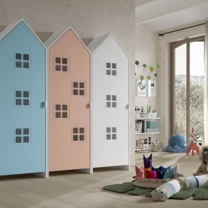 Armadio EFFECIHOUSE – configurazione 3 moduli con 3 ante celeste,rosa e bianco