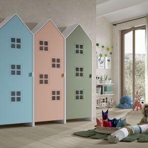 Armadio EFFECIHOUSE – configurazione 3 moduli con 3 ante celeste,rosa e verde salvia