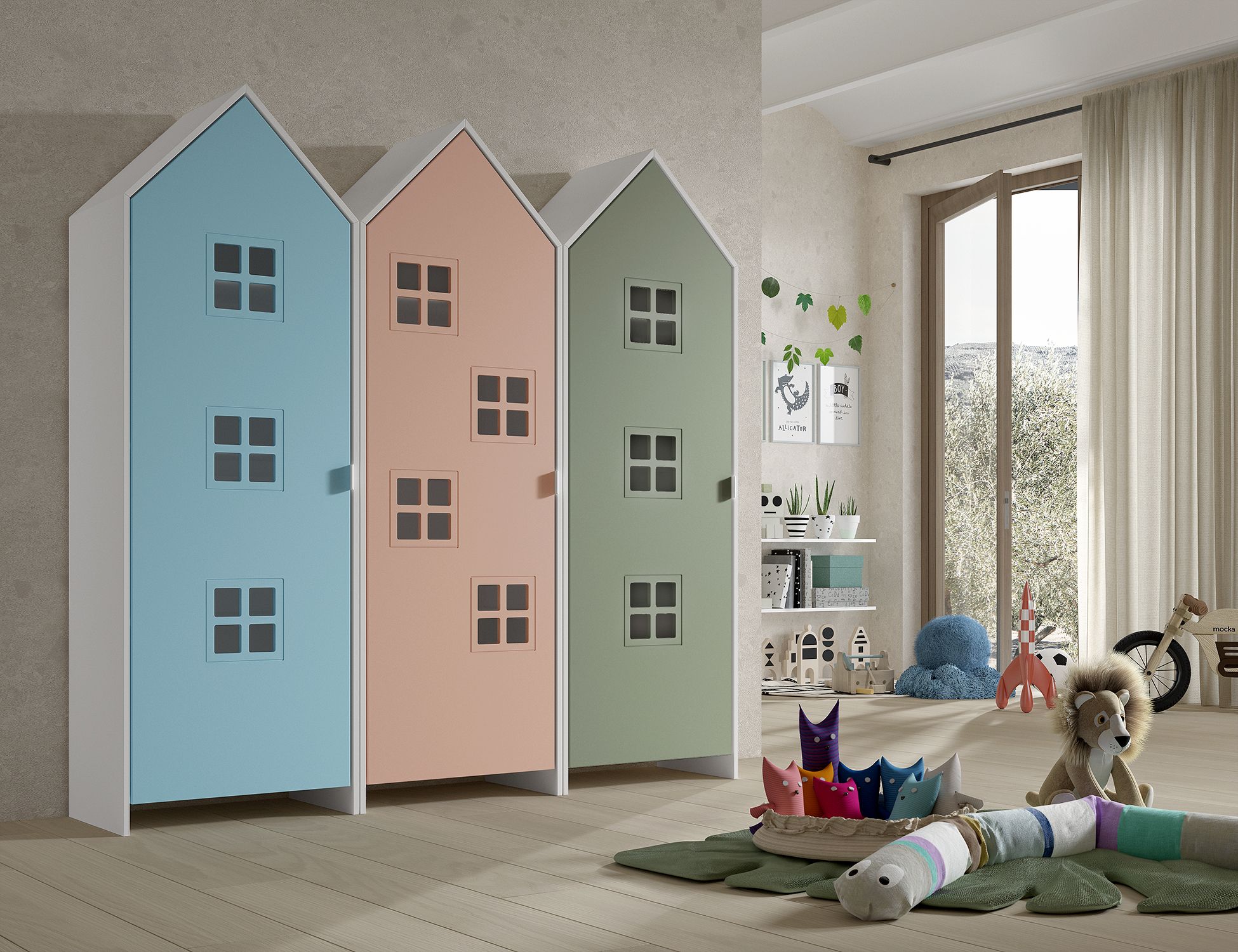 Armadio EFFECIHOUSE – configurazione 3 moduli con 3 ante celeste,rosa e verde salvia - immagine 2