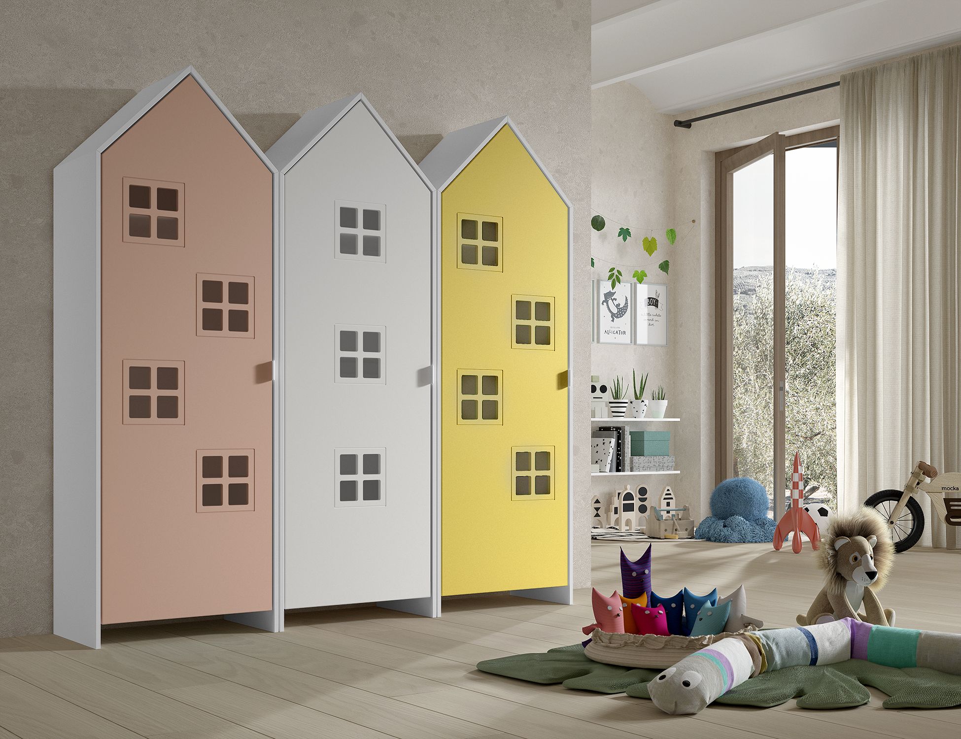 Armadio EFFECIHOUSE – configurazione 3 moduli con 3 ante rosa, celeste e bianco - immagine 3