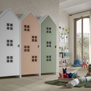 Armadio EFFECIHOUSE – configurazione 3 moduli con 3 ante rosa, verde salvia e bianco