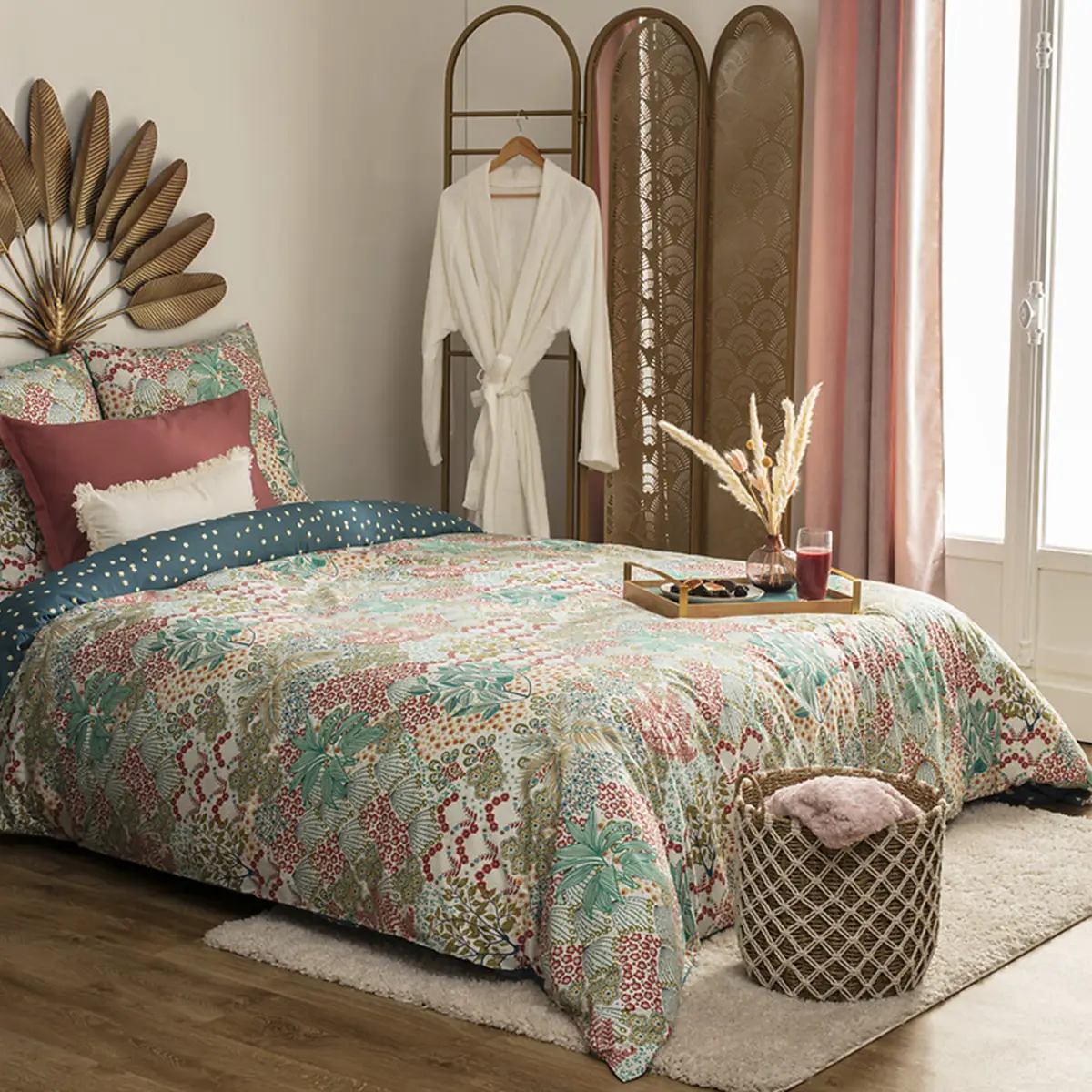 Completo letto stampato “Liberty”, cotone, verde celadon, 240×220 cm - immagine 2