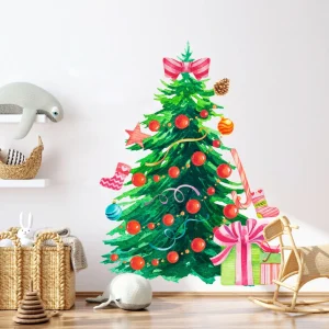 Adesivo murale con albero di Natale con ornamenti rossi e confezioni regalo