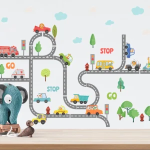 Adesivo murale rimovibile con animali autisti su pista forestale