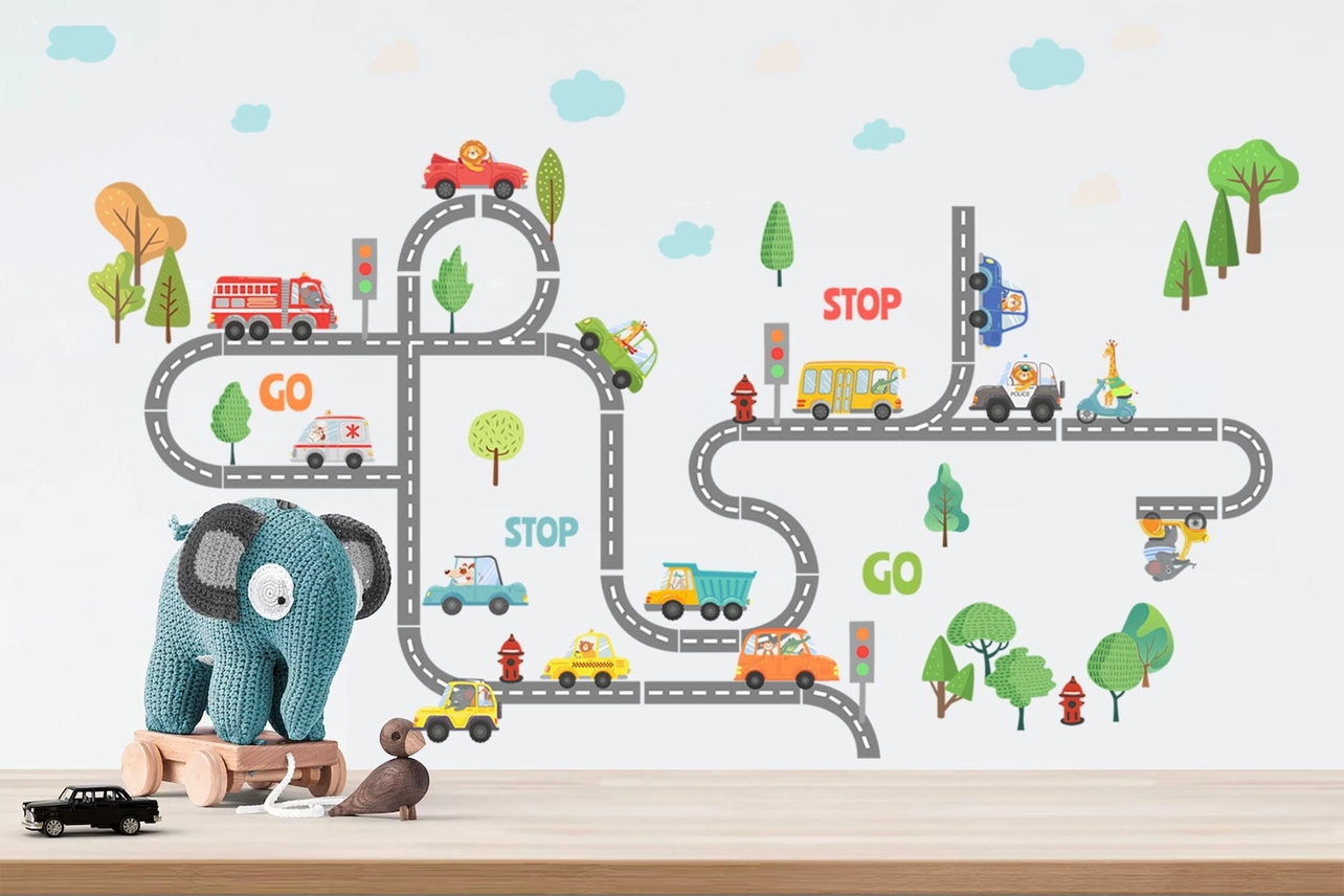 Adesivo murale rimovibile con animali autisti su pista forestale