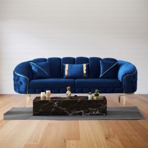 Divano 2 posti rondini in tessuto Babyface 14 blu con piedini oro