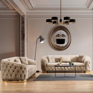 Divano divinita’ 2 posti in tessuto babyface 03 tortora con gambe oro