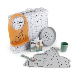 Box Prima Pappa – Set con Bavaglino, tovaglietta, Piatto, cucchiaio e mini Tazza – 100% Silicone Alimentare – 3 colori disponibili
