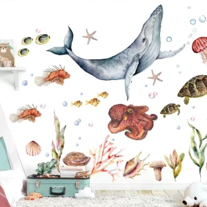 Adesivo da parete con incantevoli sottomarini, balena, medusa, polpo, tartarughe, anemoni