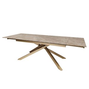 TAVOLO ALLUNGABILE NEFTI CON TOP IN CERAMICA COLORE MARRONE ATENE LUCIDO CON GAMBE DORATE