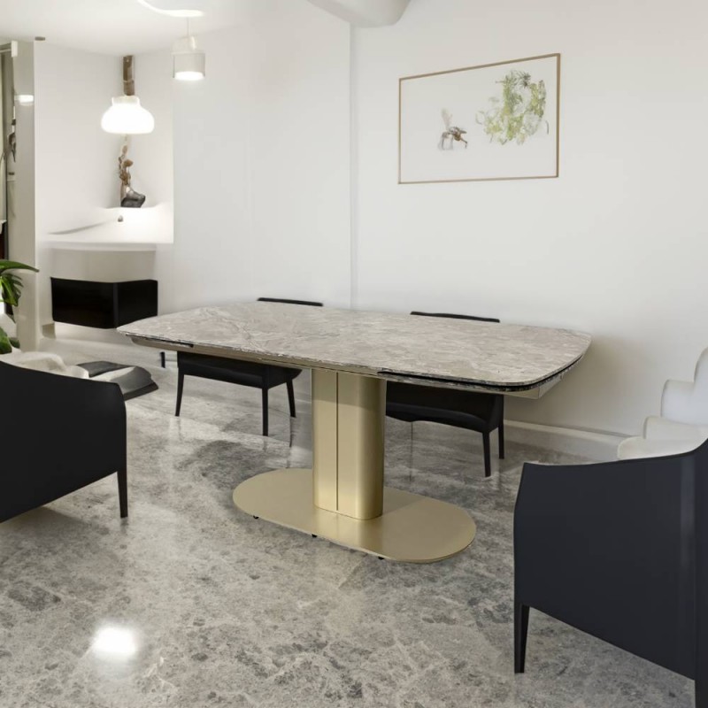 Tavolo allungabile ANIMA DIOR con top in ceramica colore marrone atene lucido e gambe dorate - immagine 2